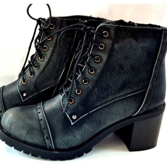 Refresh Shoes - Combat Boots Womens Black Leather Distressed Zip